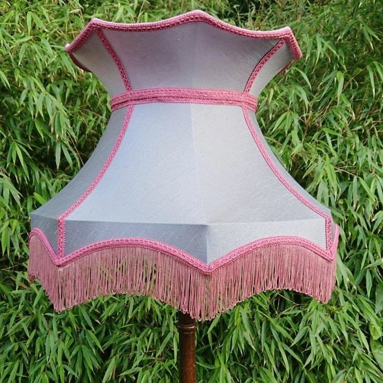 Lampshade in dupion grey silk with pink lining for standard lamp or ceiling