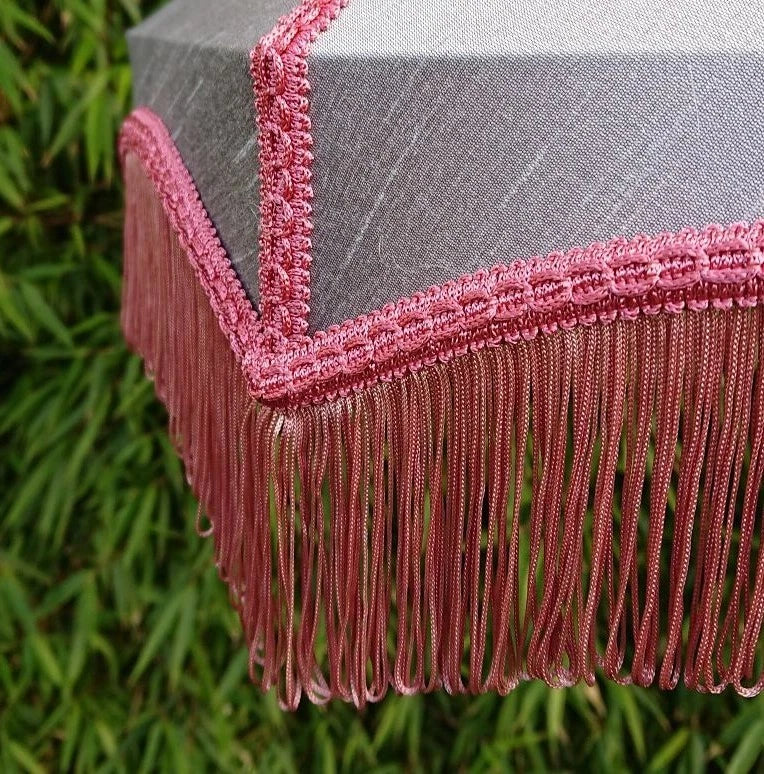Lampshade in dupion grey silk with pink lining for standard lamp or ceiling