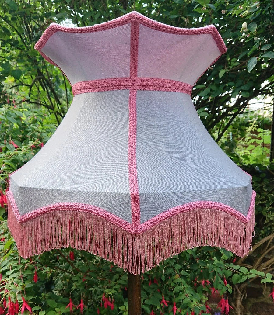 Lampshade in dupion grey silk with pink lining for standard lamp or ceiling