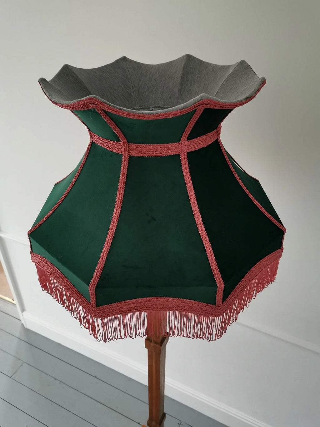 Bottle green pink velvet lampshade crown lined pink a standard lamp or ceiling