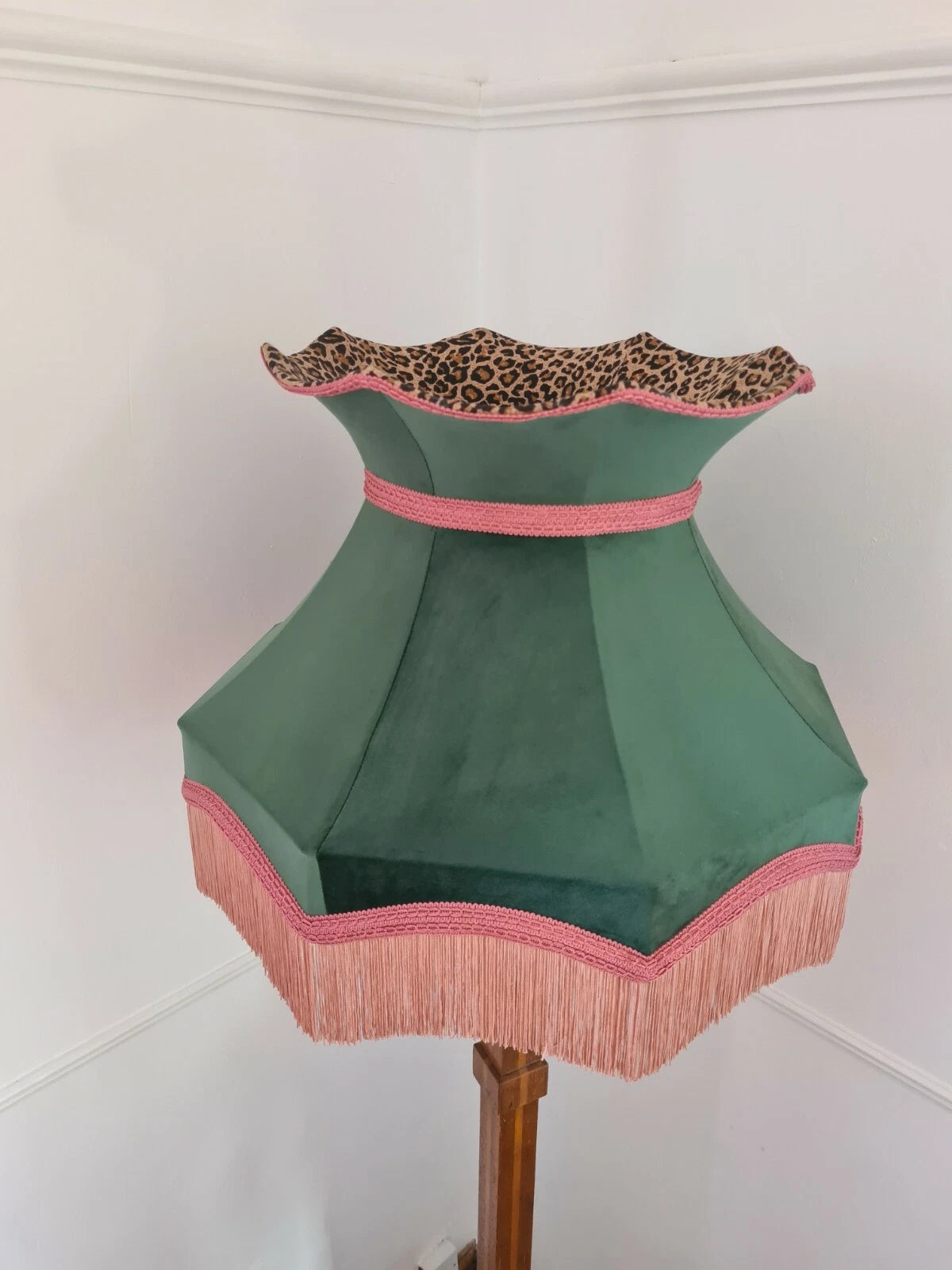 Handmade large crown lampshade green velvet leopard lined standard lamp pendant
