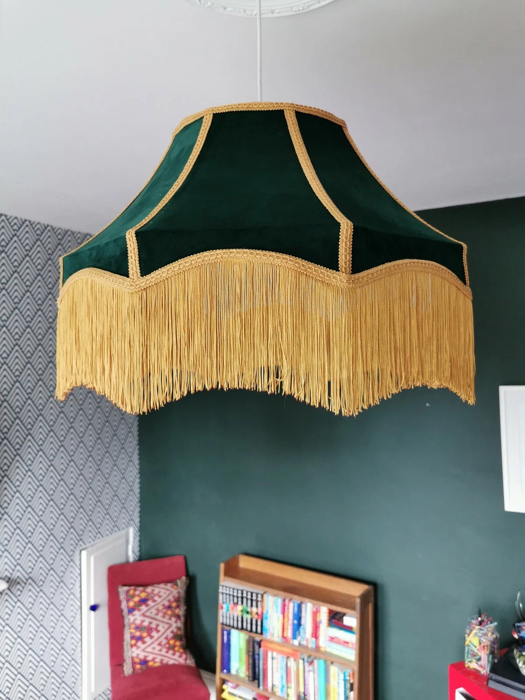 Large victorian lampshade style green velvet gold fringe for a ceiling pendant