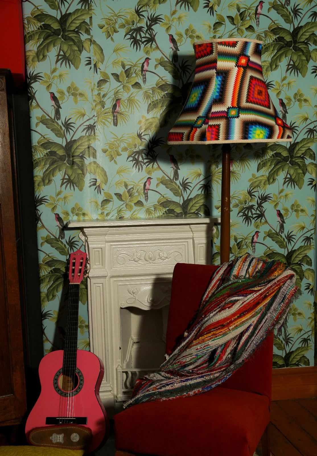 Lampshade in bright multi-coloured geometric fabric for standard lamp or ceiling