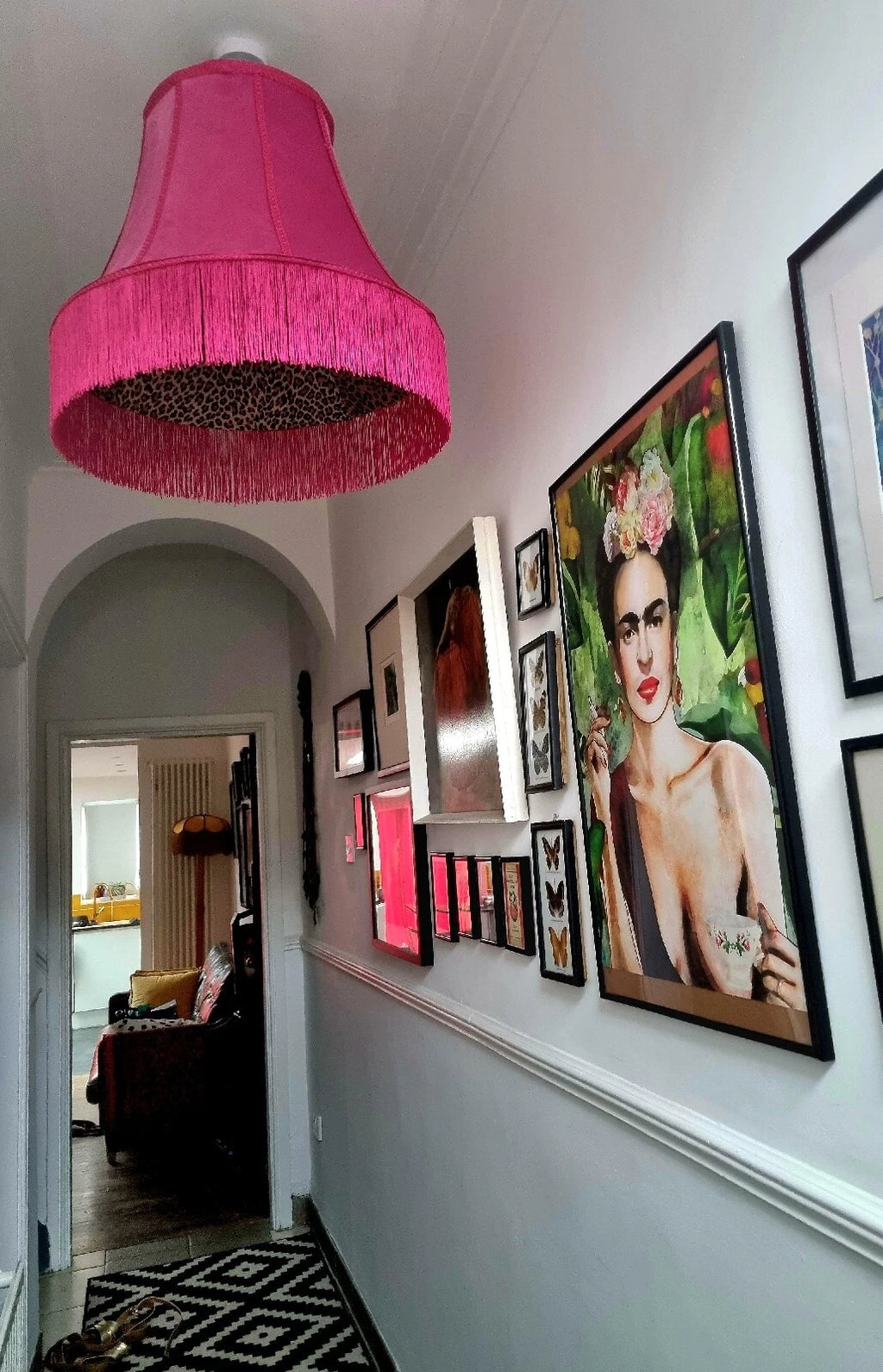 Large Bright Pink Cerise Velvet Lampshade Leopard Lined standard lamp or ceiling