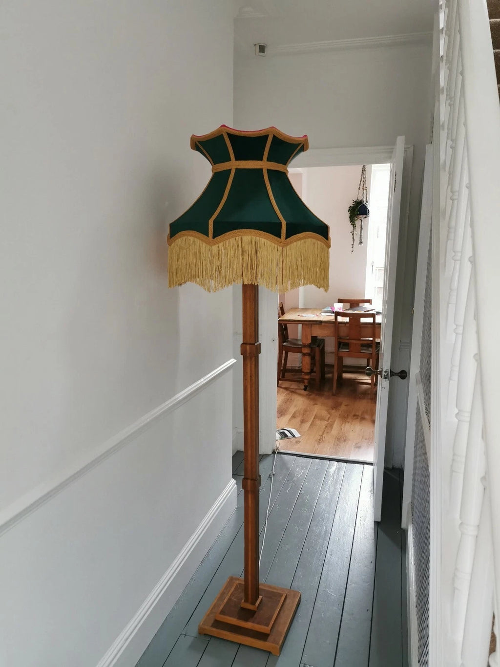 Bottle green gold velvet lampshade crown lined pink a standard lamp or ceiling
