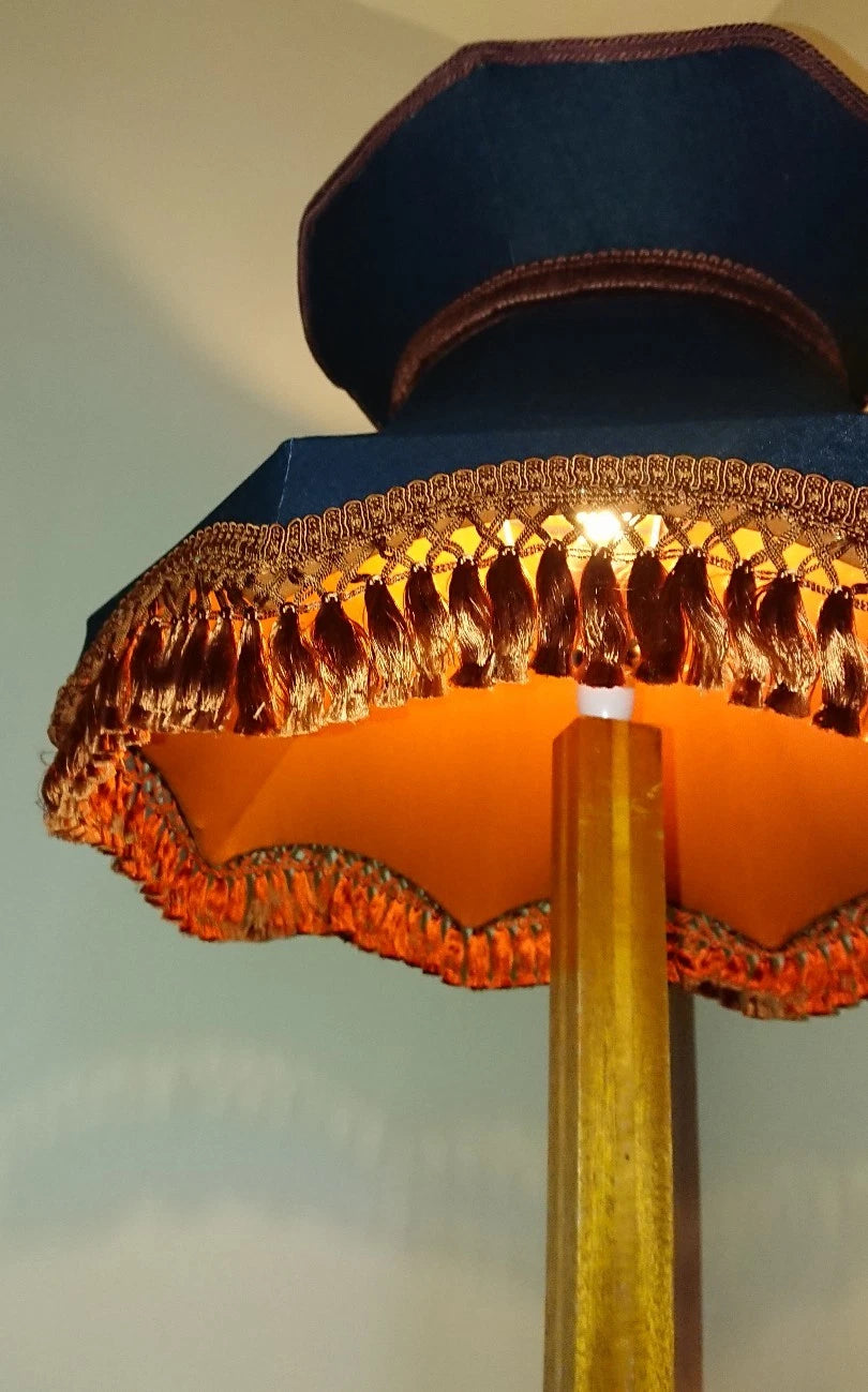 Lampshade for standard lamp or ceiling in dark blue denim with copper lining