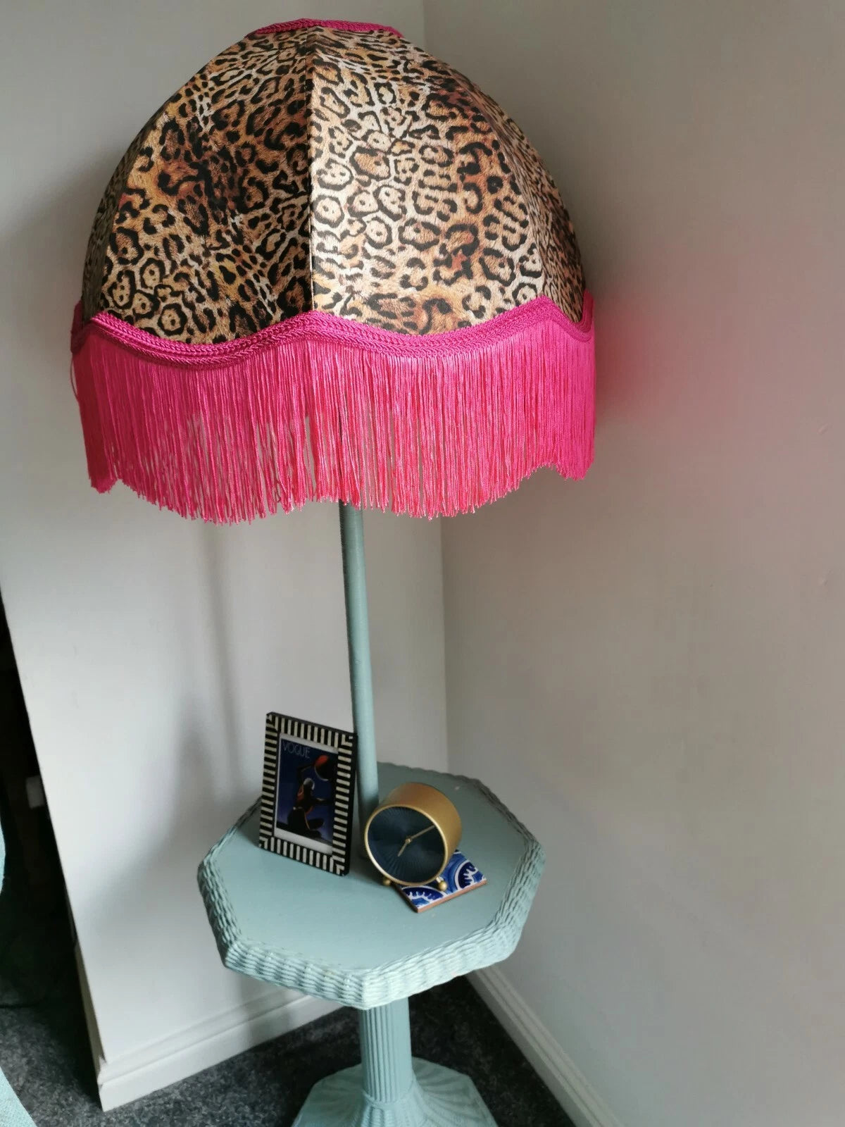 Large lampshade leopard animal print pink fringe standard lamp ceiling pendant