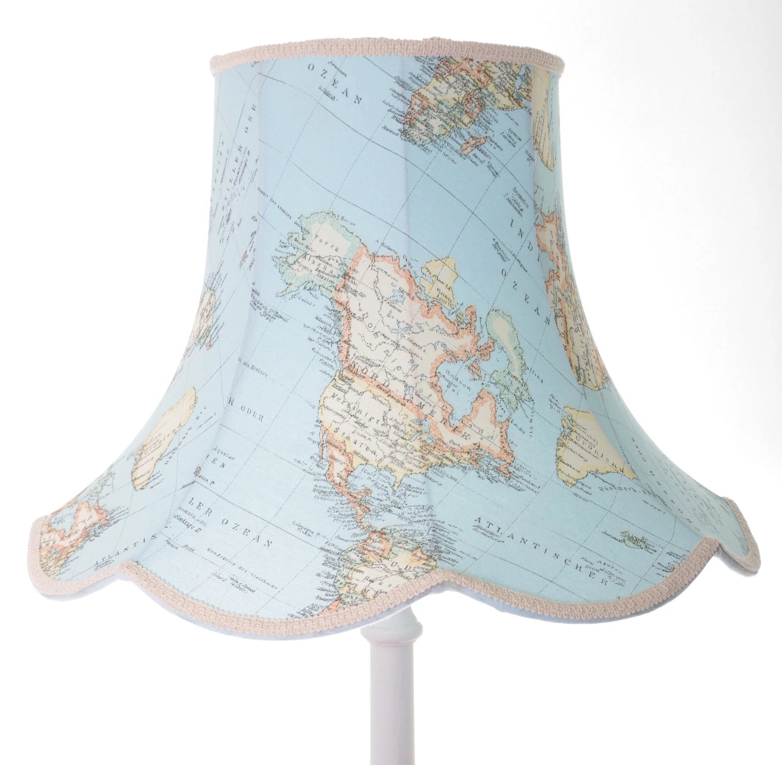 Handmade lampshade in blue world map design for a standard lamp or ceiling