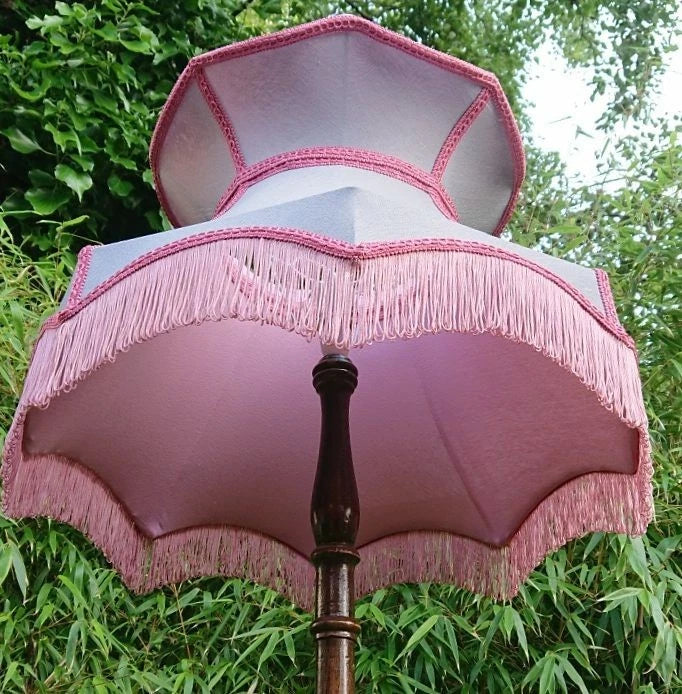 Lampshade in dupion grey silk with pink lining for standard lamp or ceiling