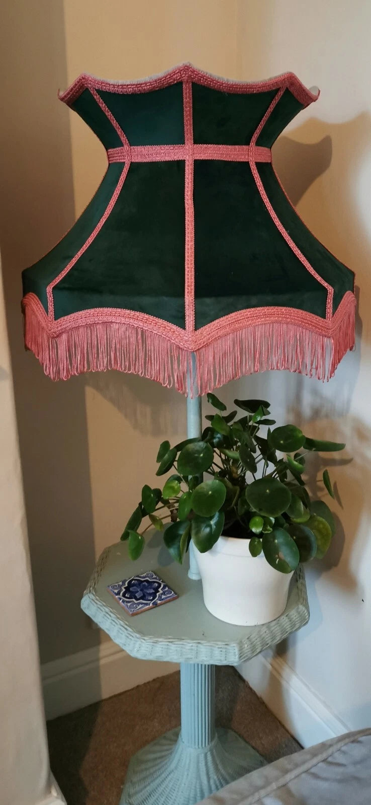Bottle green pink velvet lampshade crown lined pink a standard lamp or ceiling