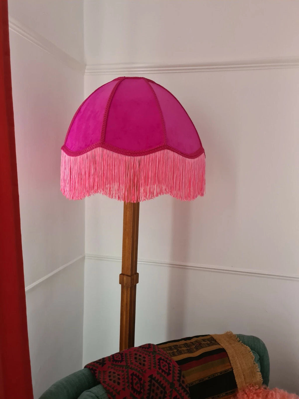 Handmade dome lampshade bright pink velvet fabric for a standard lamp or ceiling