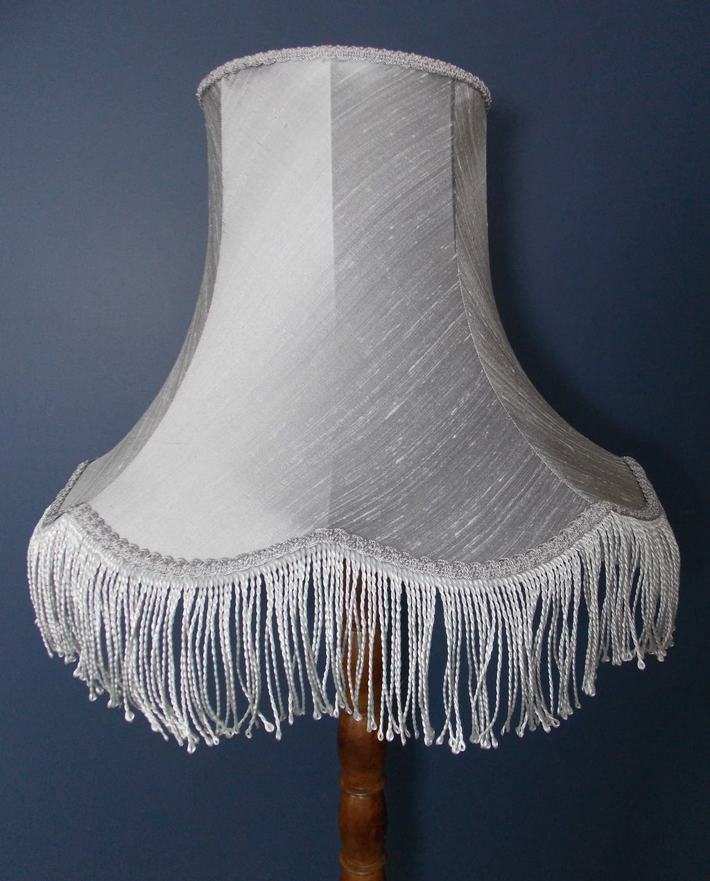 Grey lampshade handmade in silk fabric for standard lamp or ceiling grey fringe