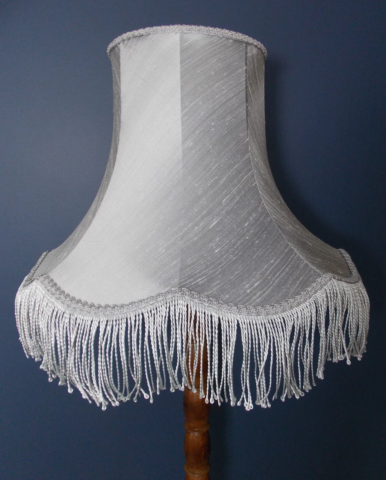 Grey lampshade handmade in silk fabric for standard lamp or ceiling grey fringe