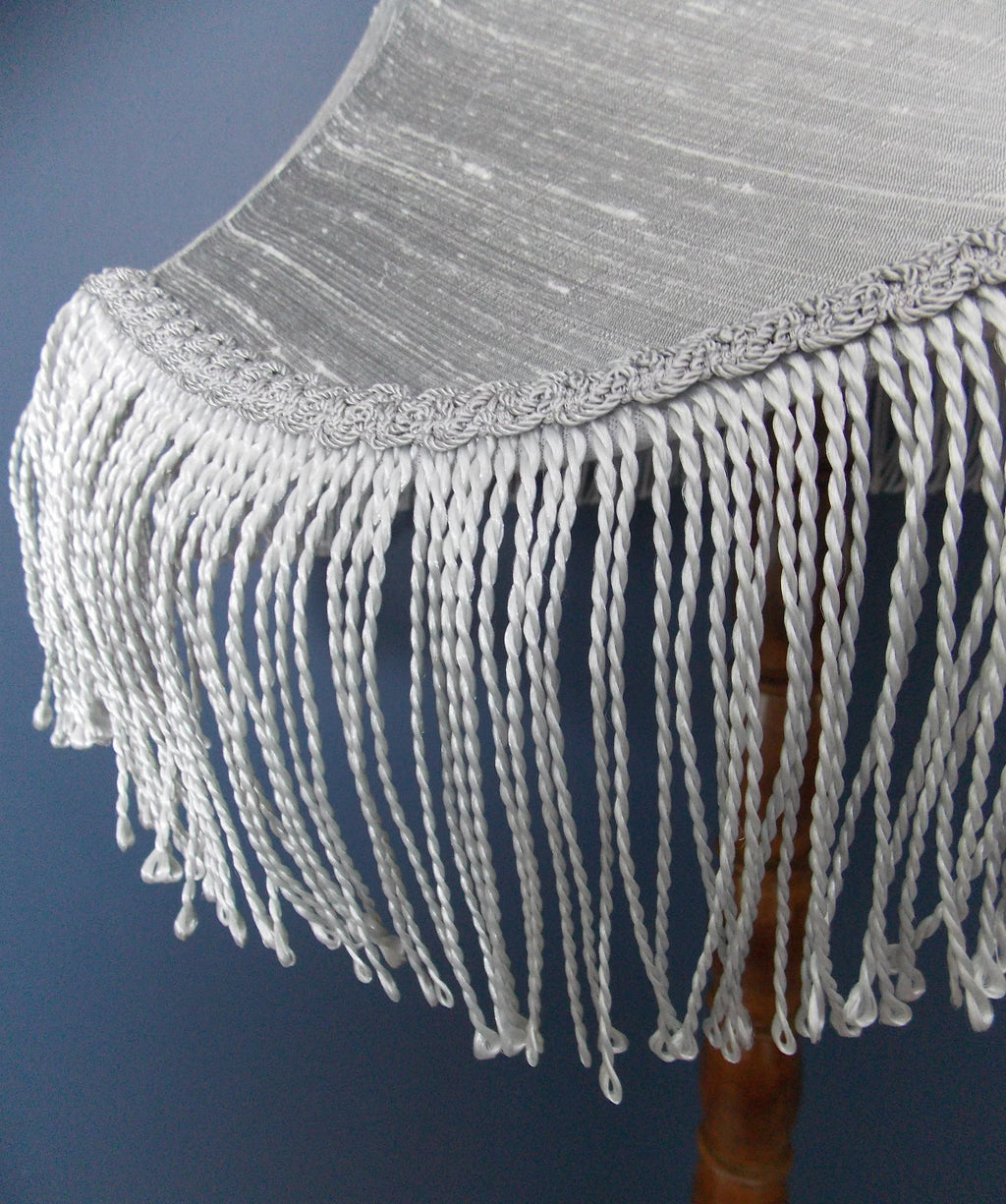 Grey lampshade handmade in silk fabric for standard lamp or ceiling grey fringe