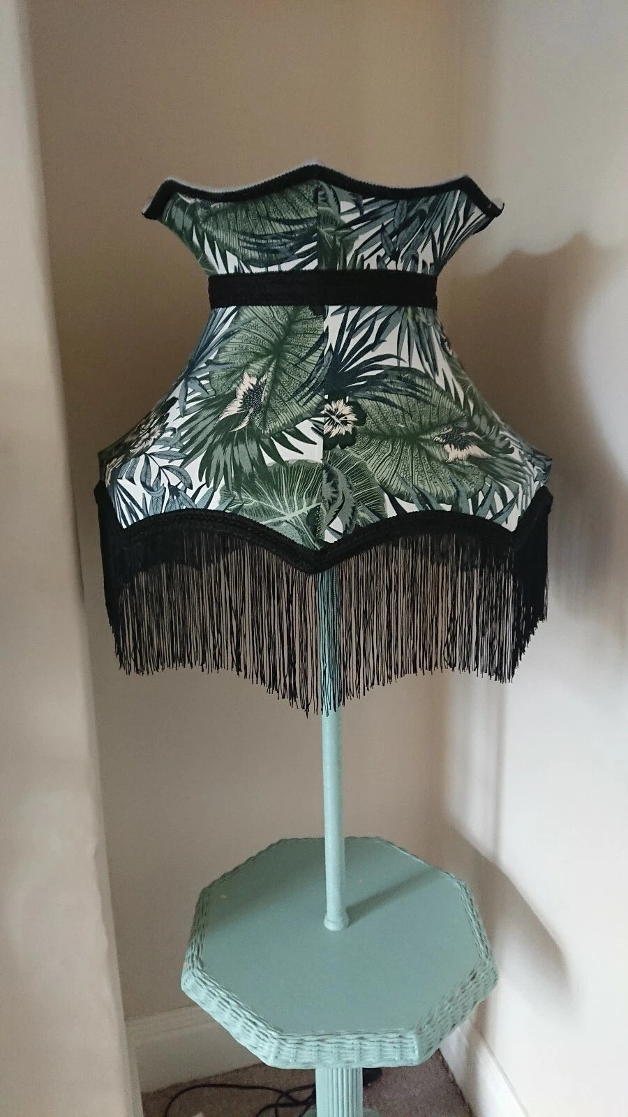 Crown shaped botanical lampshade standard lamp ceiling pendant with black fringe