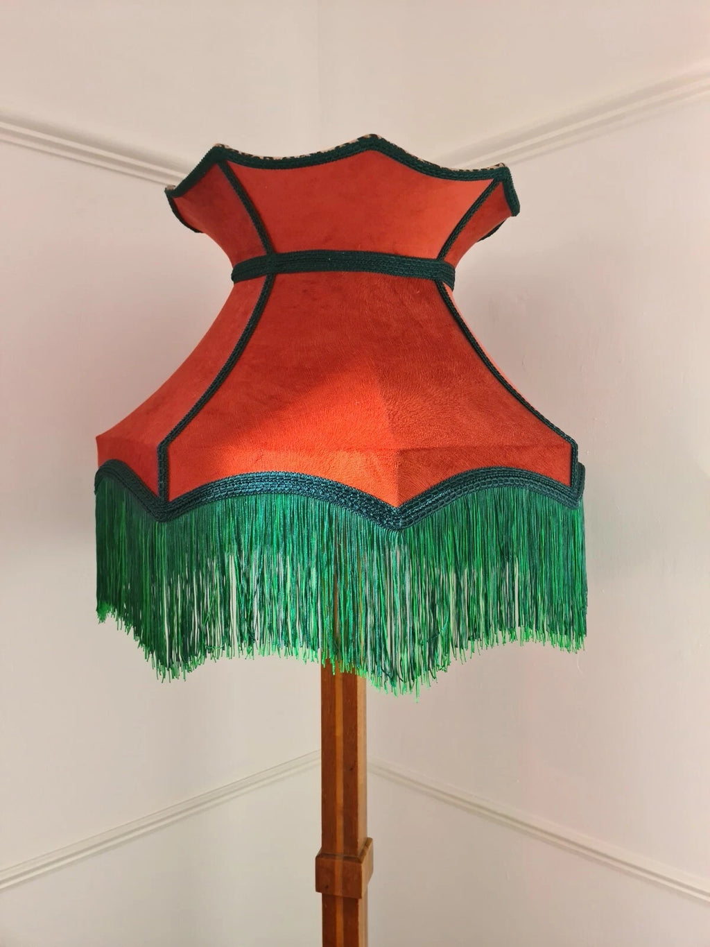 Burnt orange velvet lampshade crown lined in leopard standard lamp or ceiling