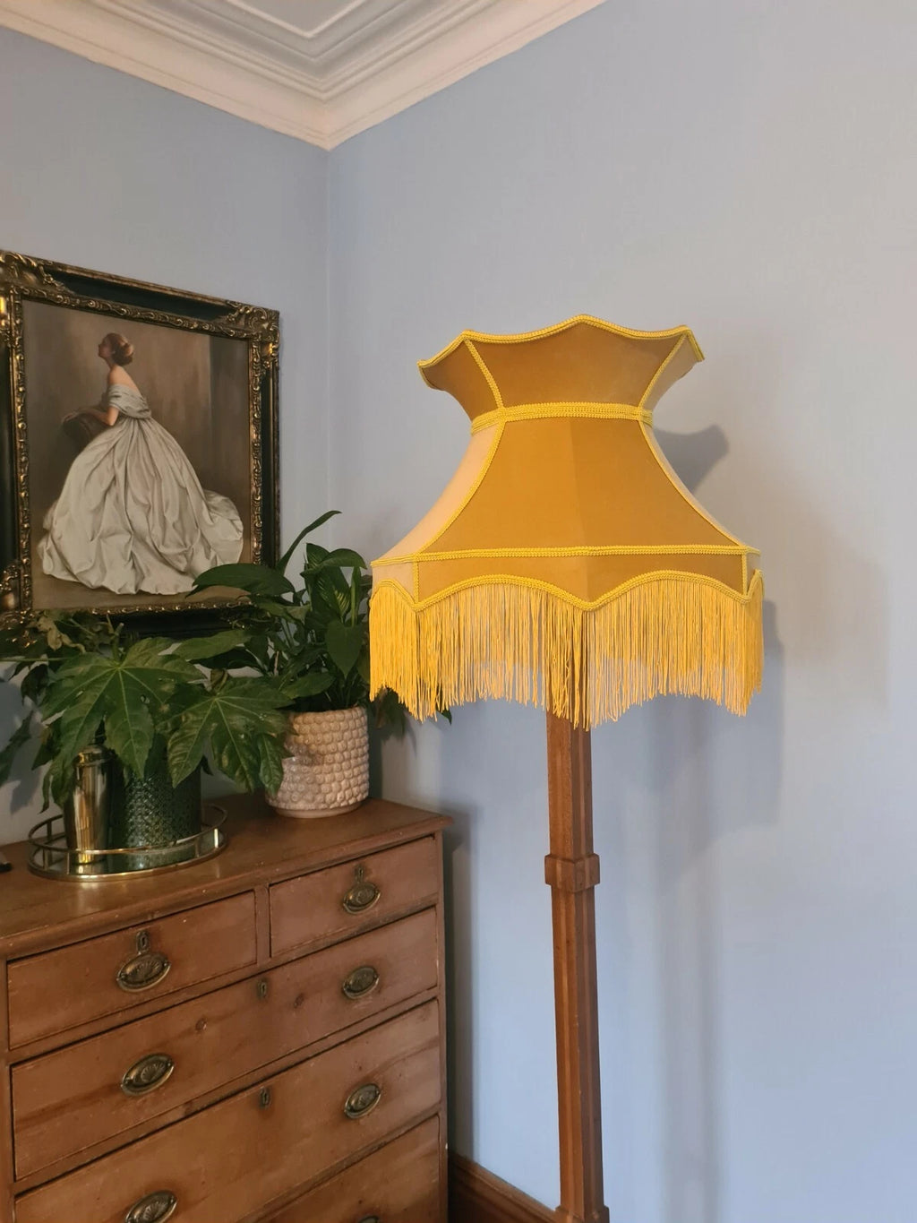 Yellow velvet mustard handmade lampshade crown traditional standard lamp ceiling