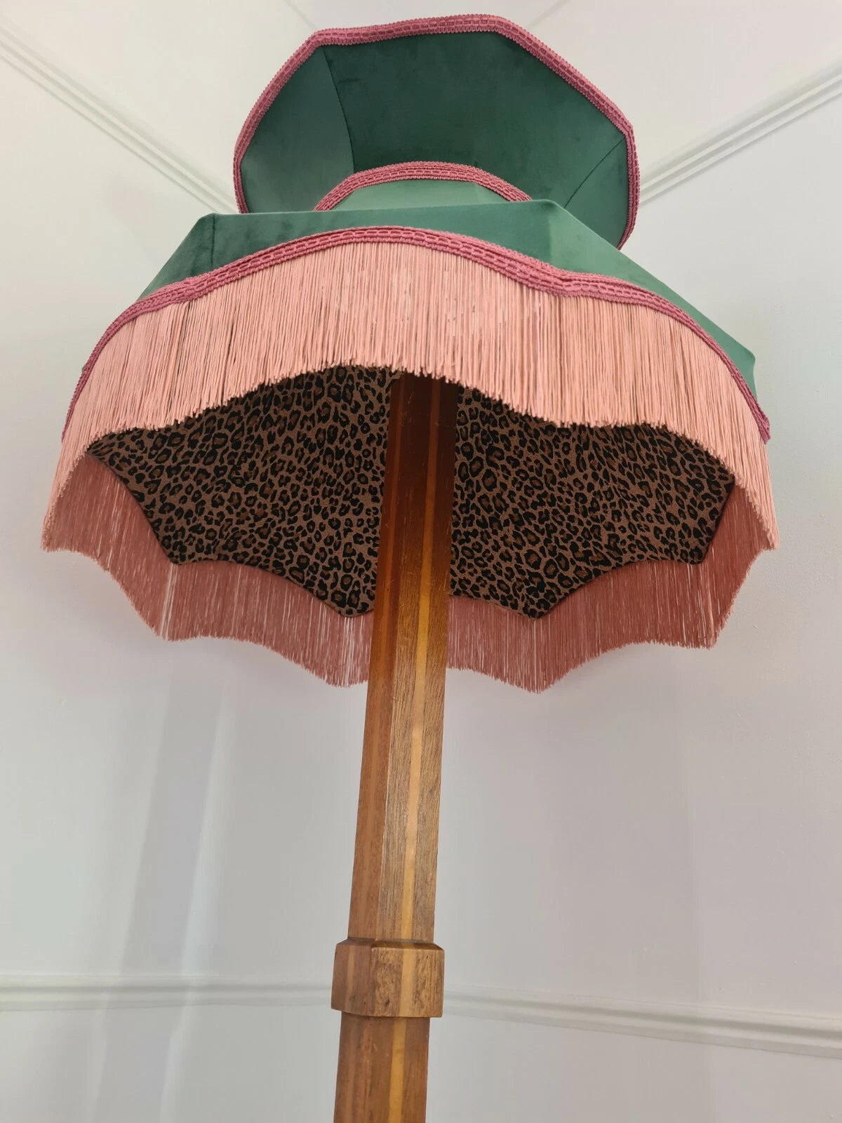 Handmade large crown lampshade green velvet leopard lined standard lamp pendant
