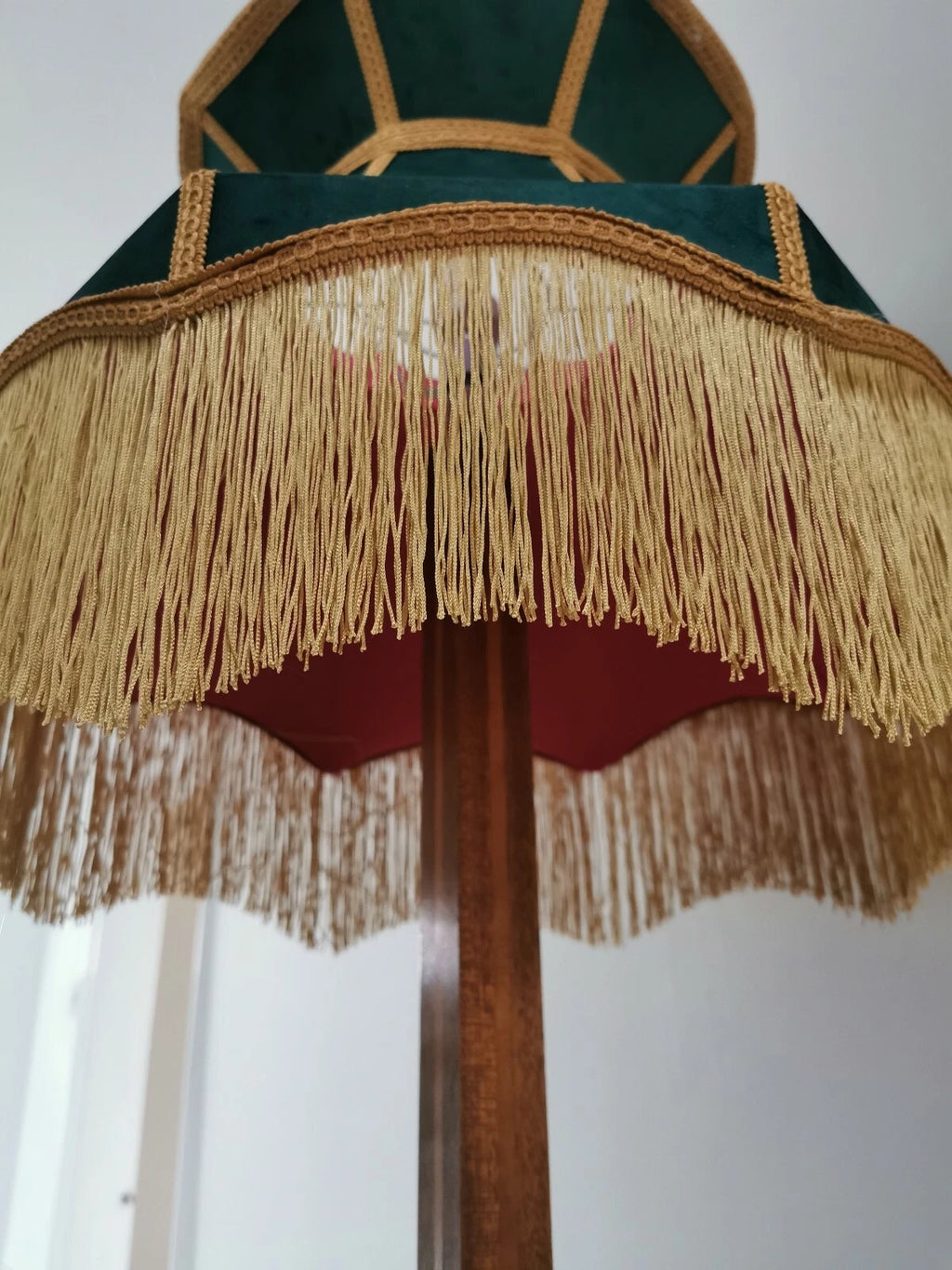 Bottle green gold velvet lampshade crown lined pink a standard lamp or ceiling