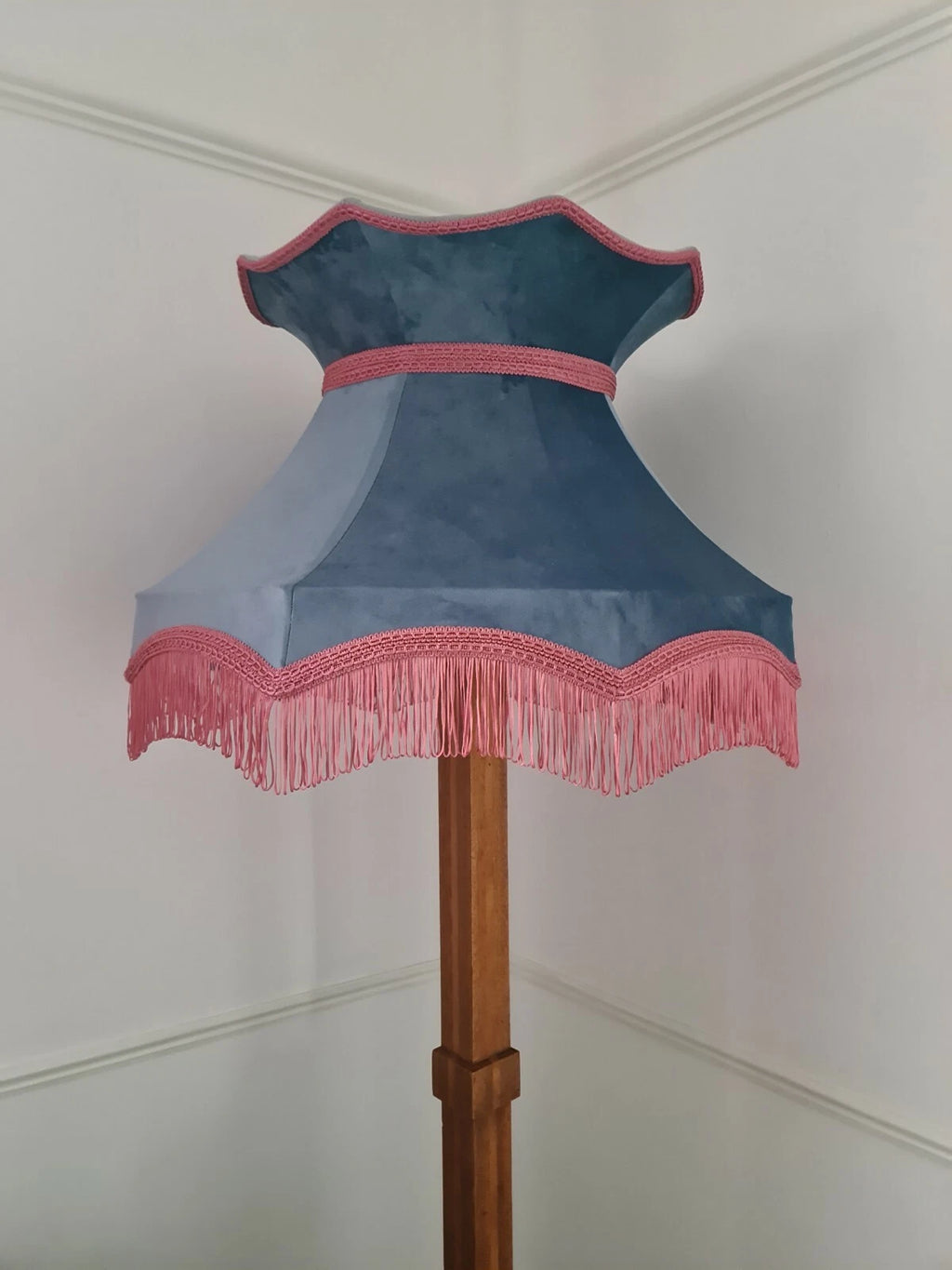 Pale blue velvet and pink lampshade crown standard lamp or ceiling pendant
