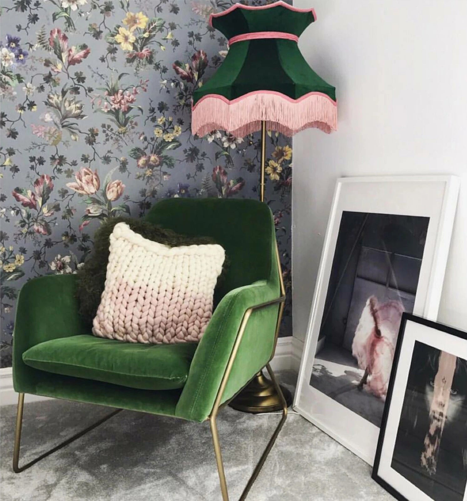 Large green velvet crown Lisa lampshade pink fringe standard lamp ceiling light