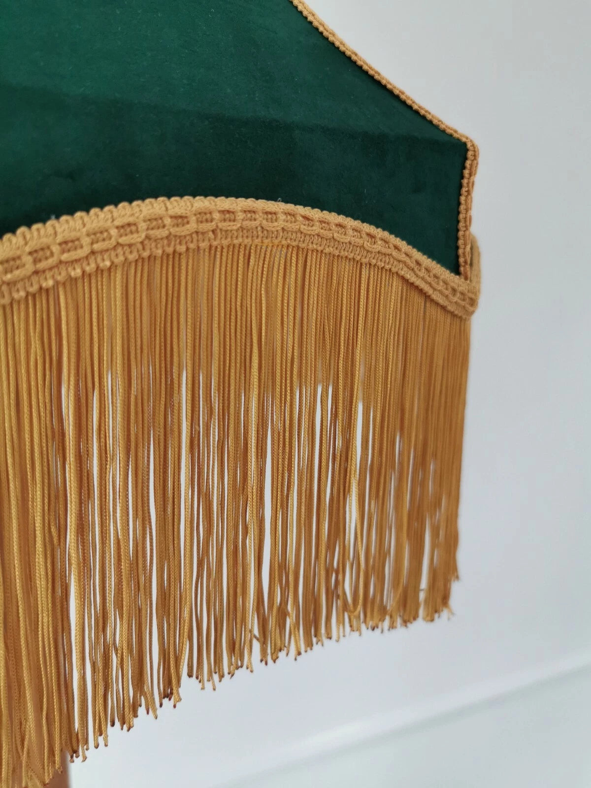 Large victorian lampshade style green velvet gold fringe for a ceiling pendant