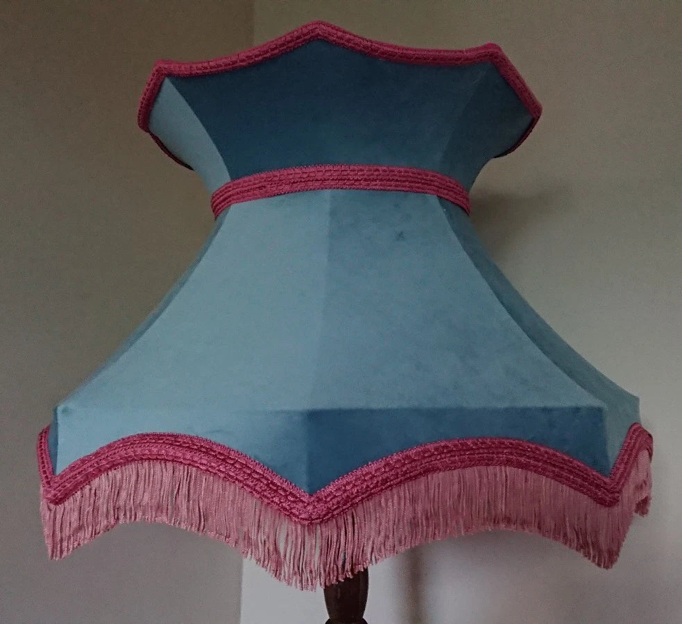 Pale blue velvet lampshade crown shaped lined pink for standard lamp or ceiling