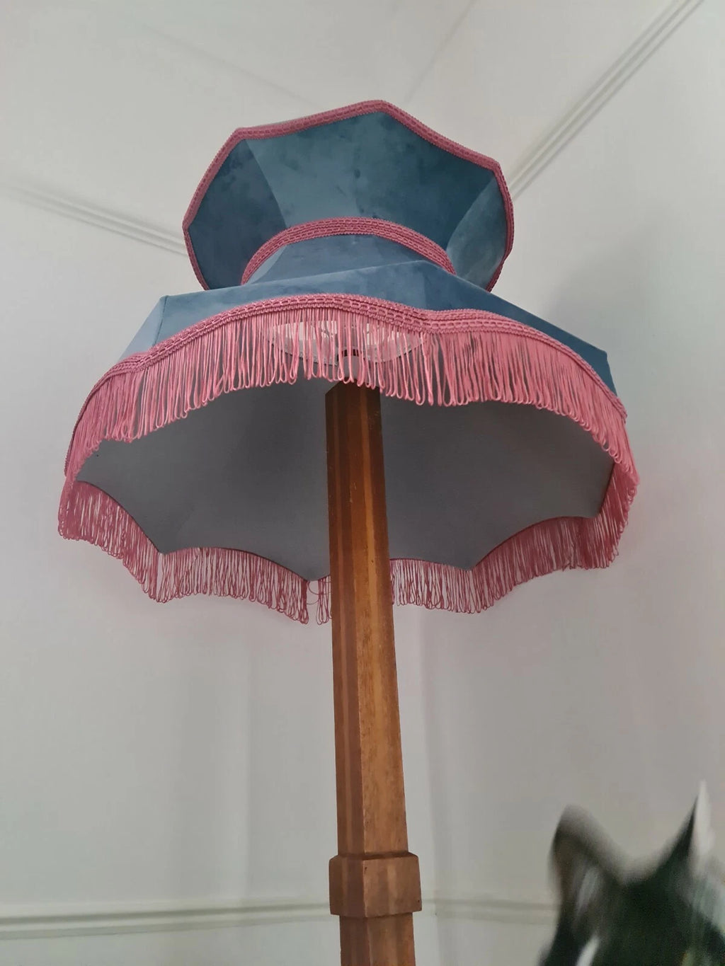 Pale blue velvet and pink lampshade crown standard lamp or ceiling pendant