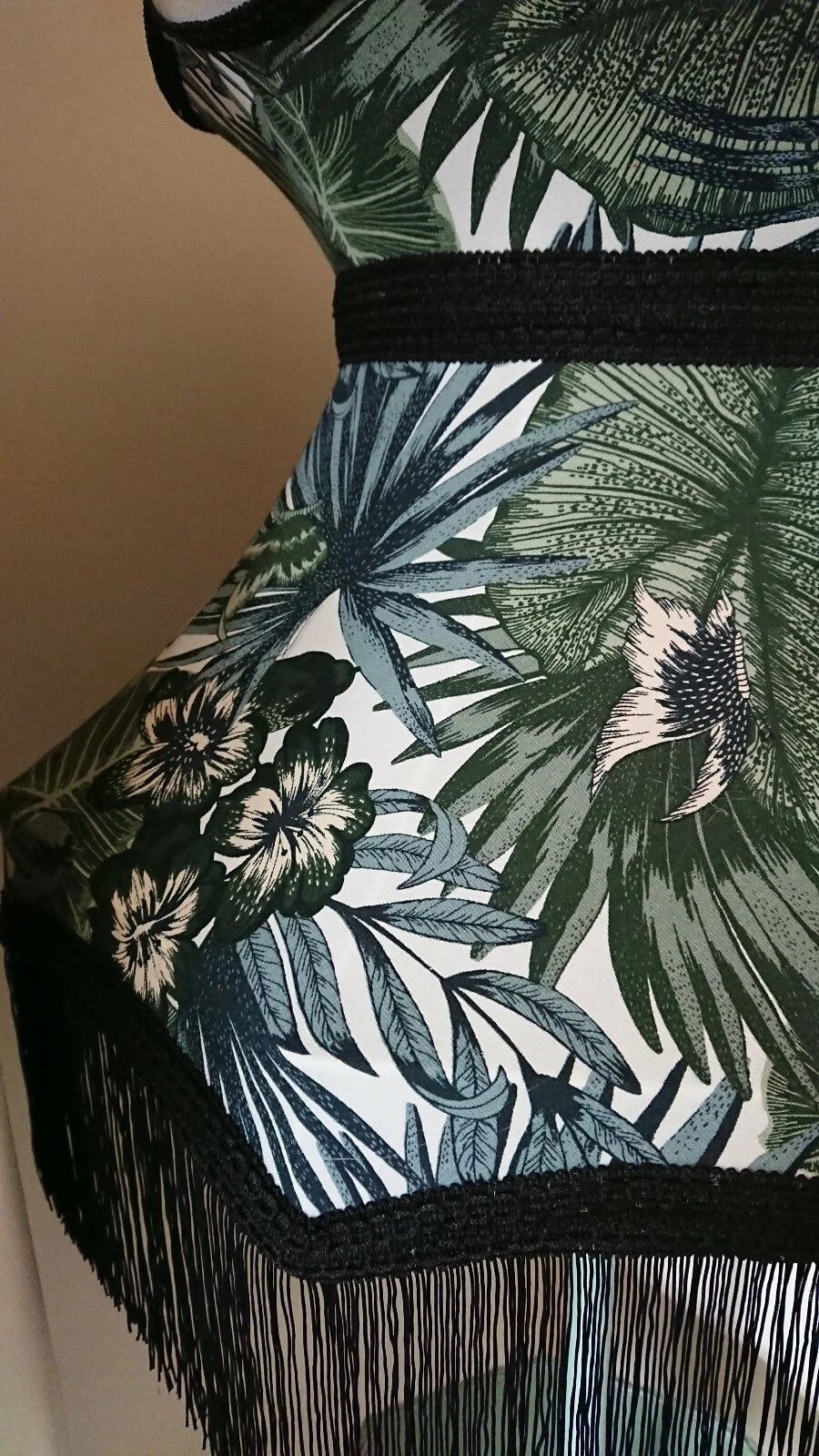 Crown shaped botanical lampshade standard lamp ceiling pendant with black fringe