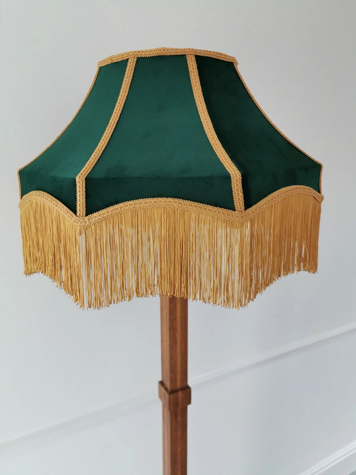 Large victorian lampshade style green velvet gold fringe for a ceiling pendant