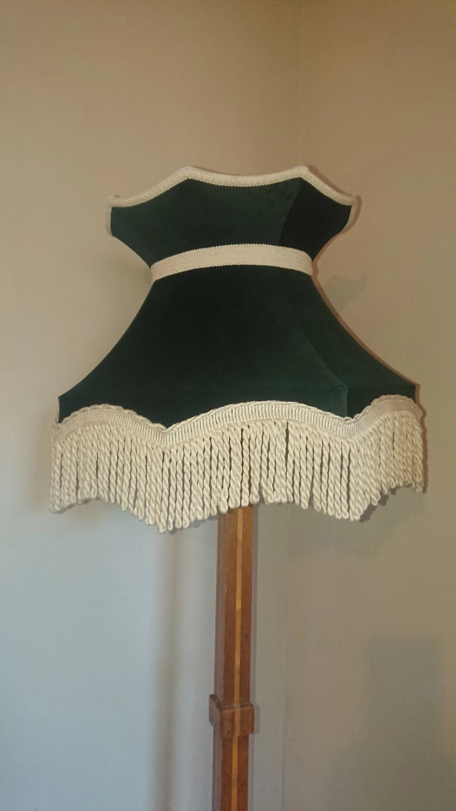 Large handmade standard lamp ceiling lampshade. Green velvet with cream fringe