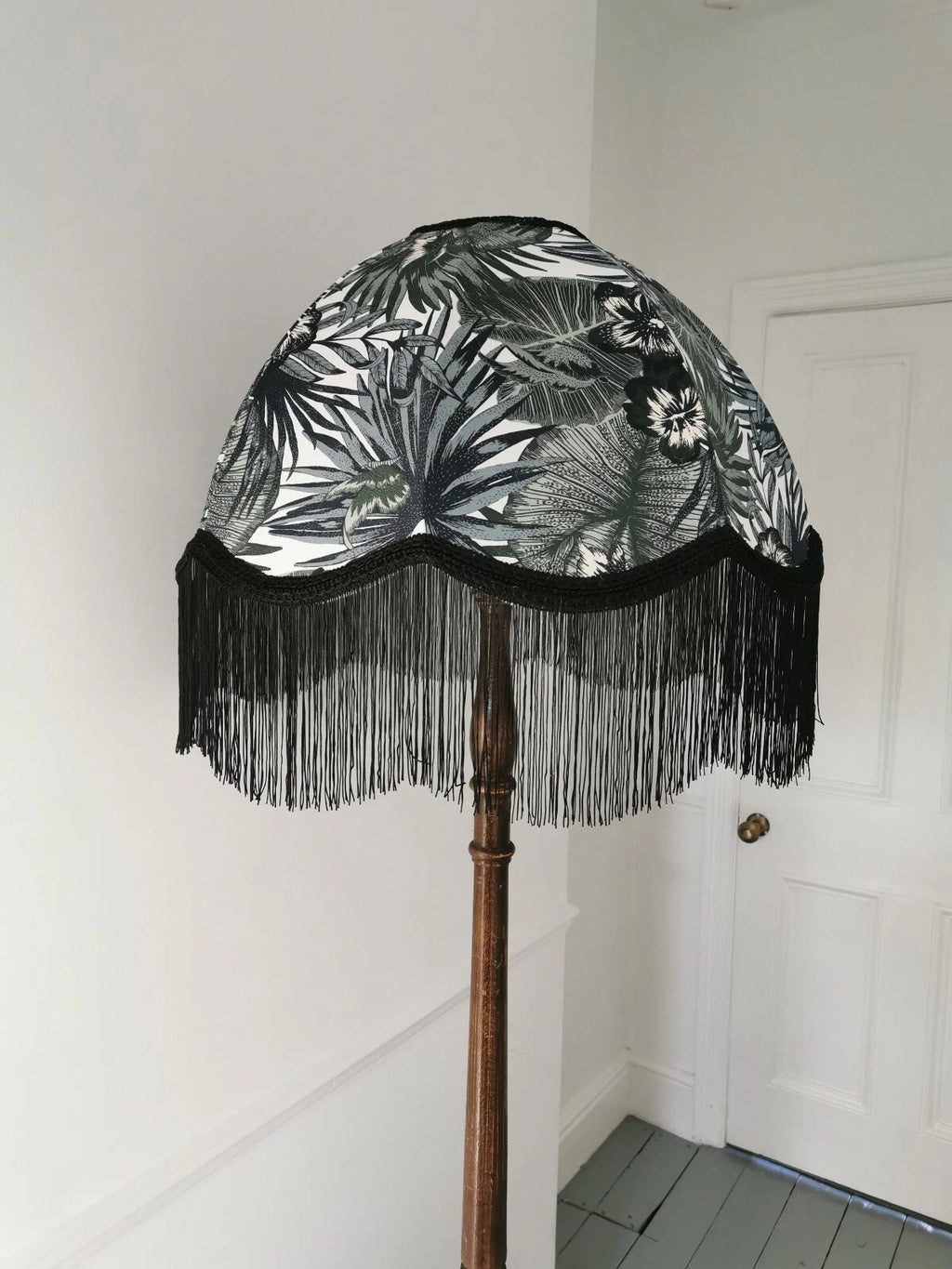 Handmade dome lampshade botanical green fabric for a standard lamp or ceiling