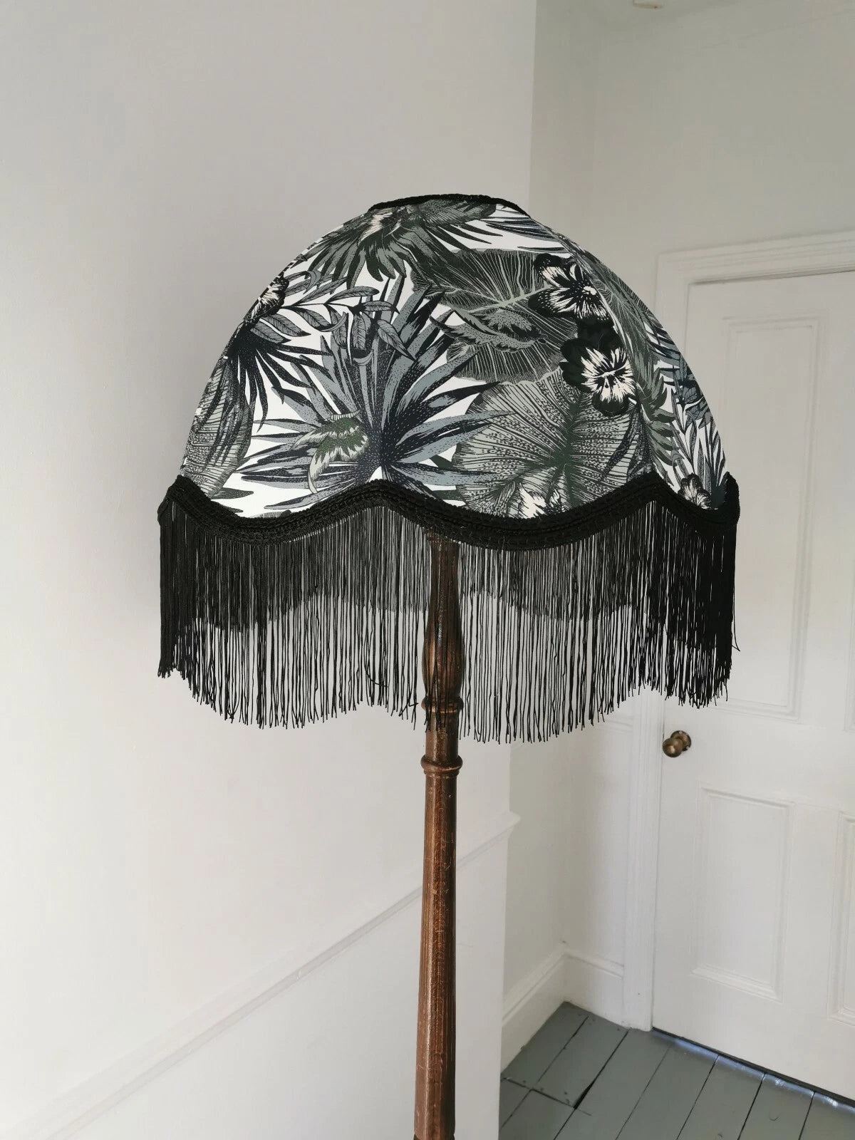 Handmade dome lampshade botanical green fabric for a standard lamp or ceiling