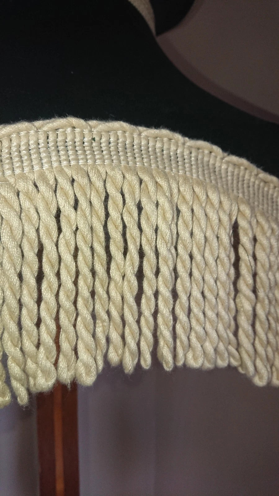 Large handmade standard lamp ceiling lampshade. Green velvet with cream fringe