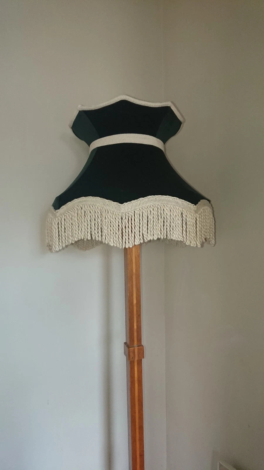Large handmade standard lamp ceiling lampshade. Green velvet with cream fringe