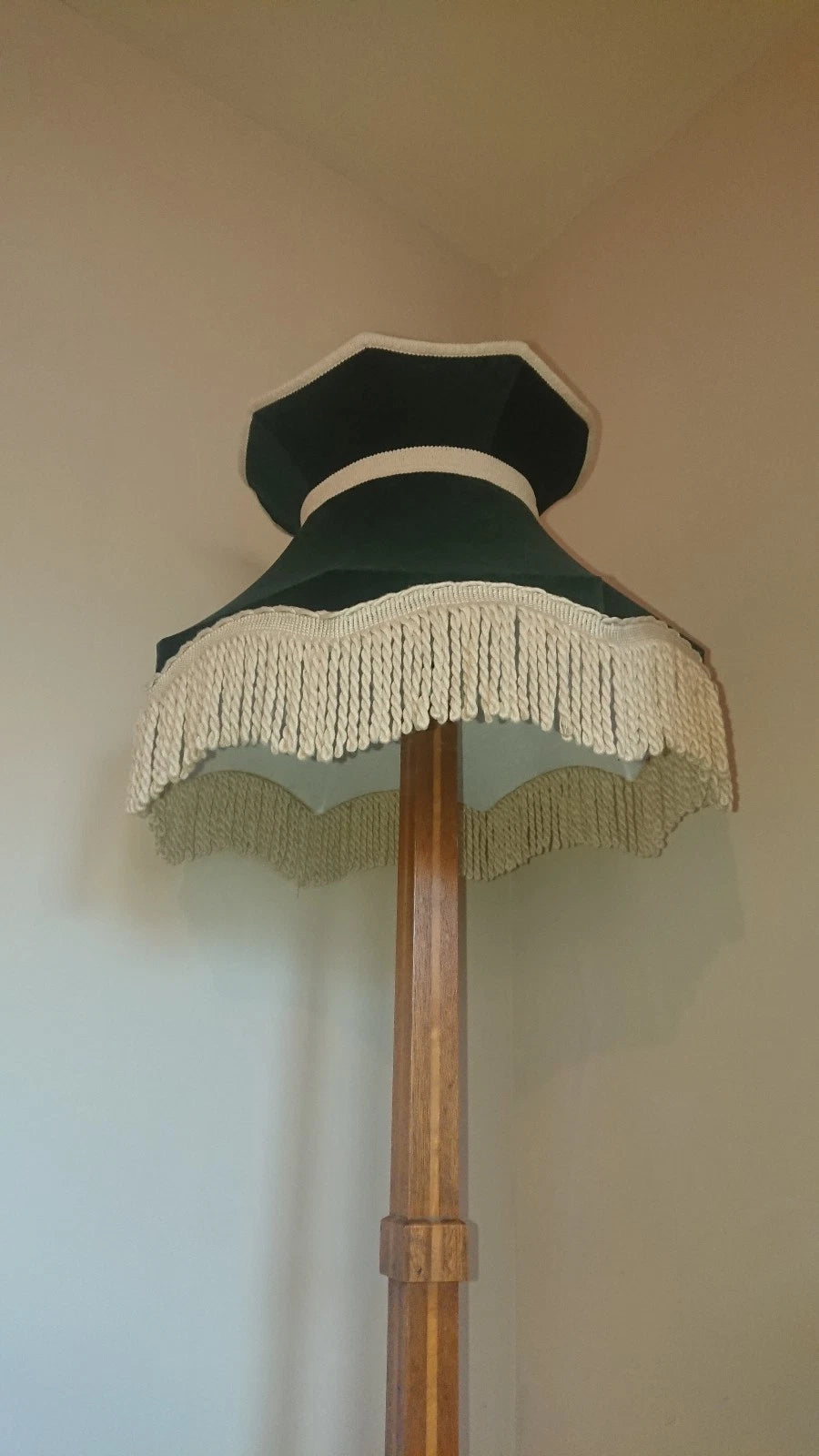 Large handmade standard lamp ceiling lampshade. Green velvet with cream fringe