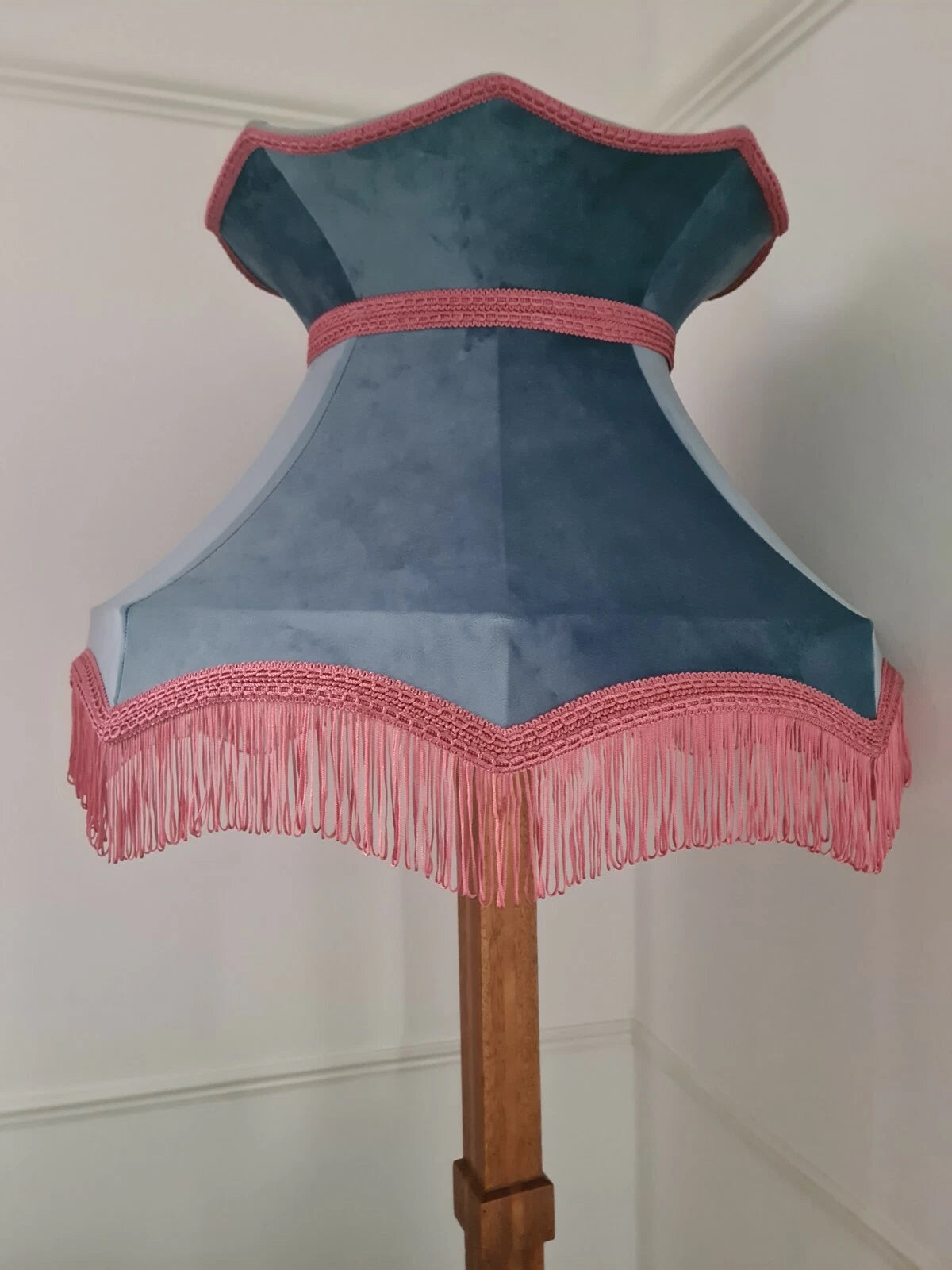 Pale blue velvet and pink lampshade crown standard lamp or ceiling pendant