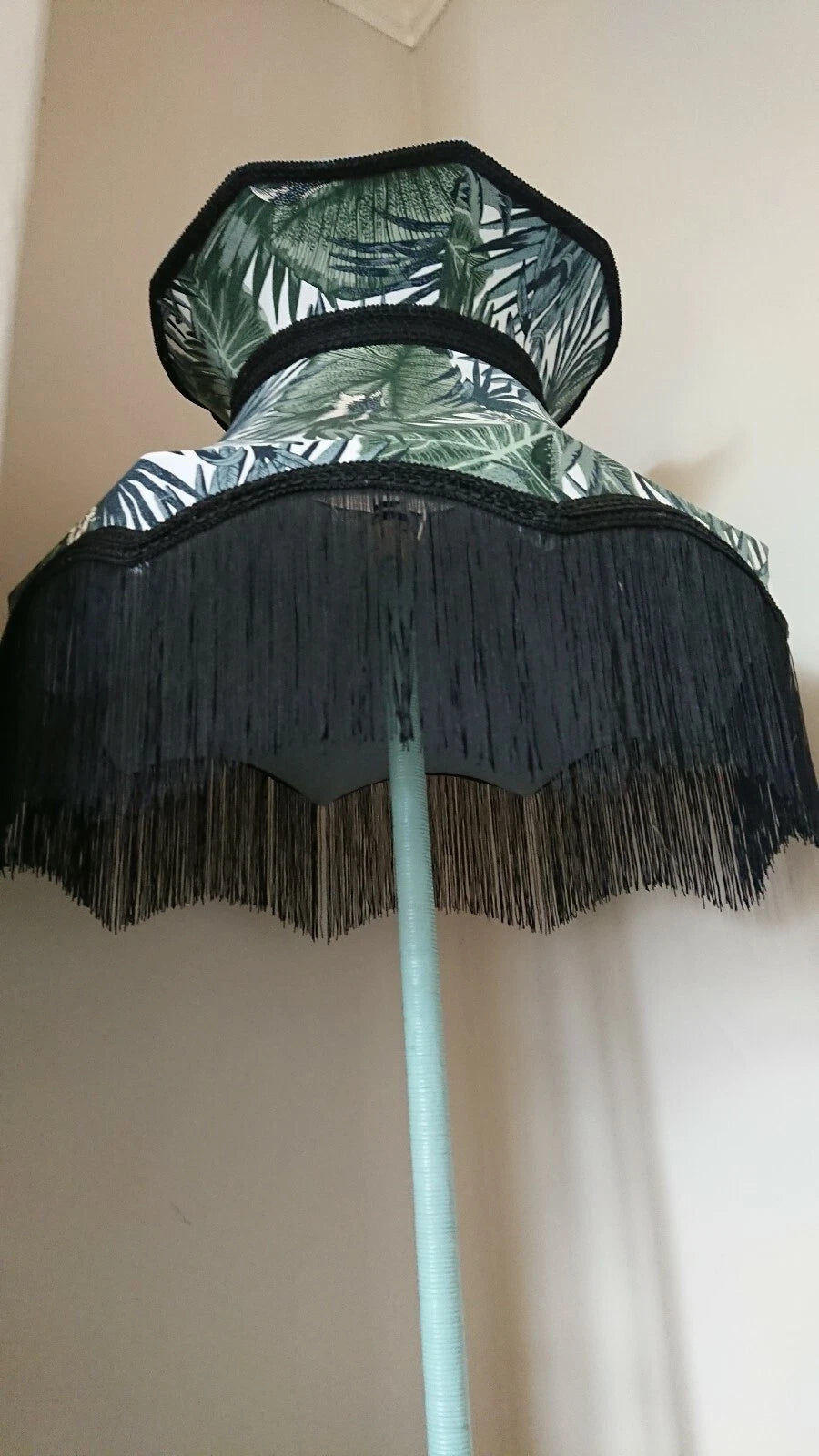 Crown shaped botanical lampshade standard lamp ceiling pendant with black fringe