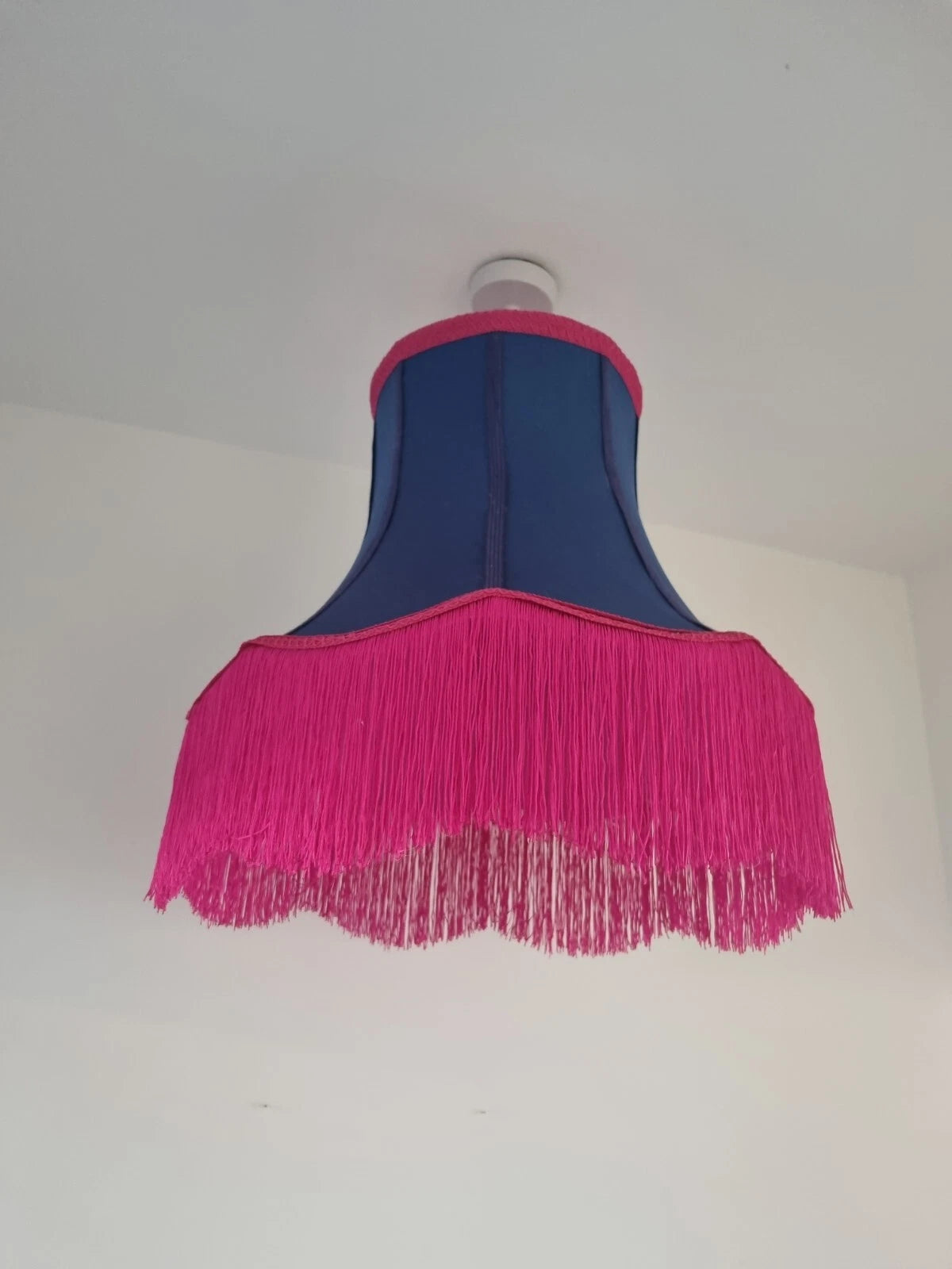 Handmade lampshade navy fabric bright pink fringe  standard lamp or ceiling lamp