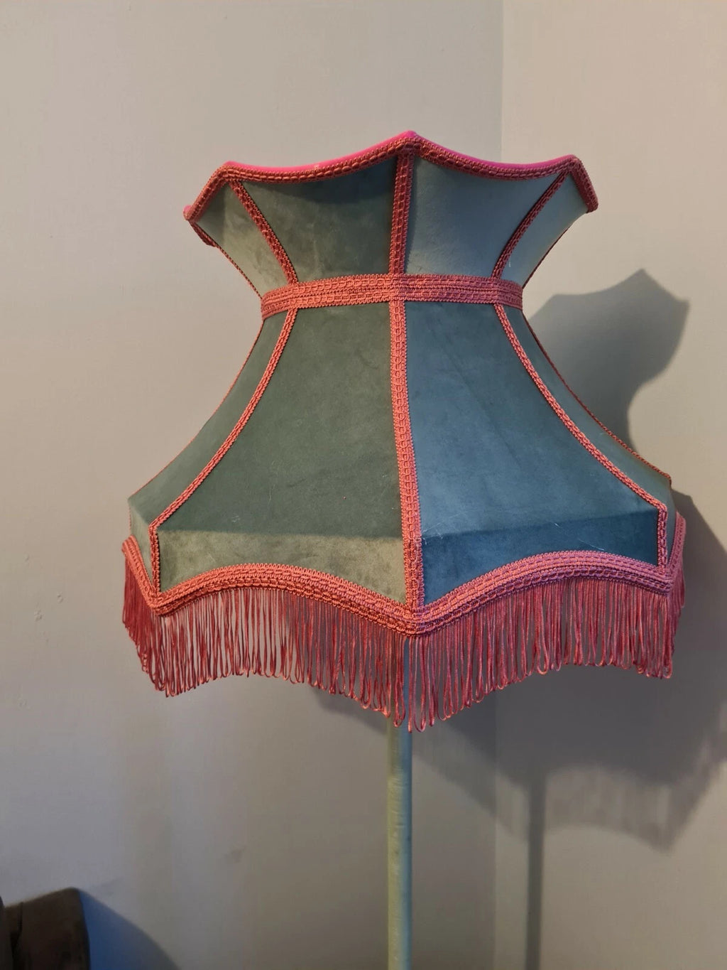 Large handmade pale blue velvet lampshade crown shape standard lamp or ceiling