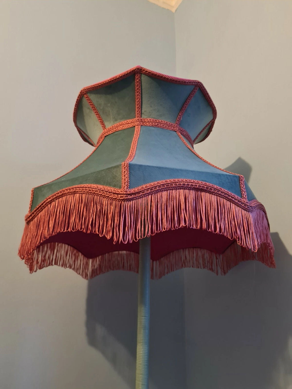 Large handmade pale blue velvet lampshade crown shape standard lamp or ceiling