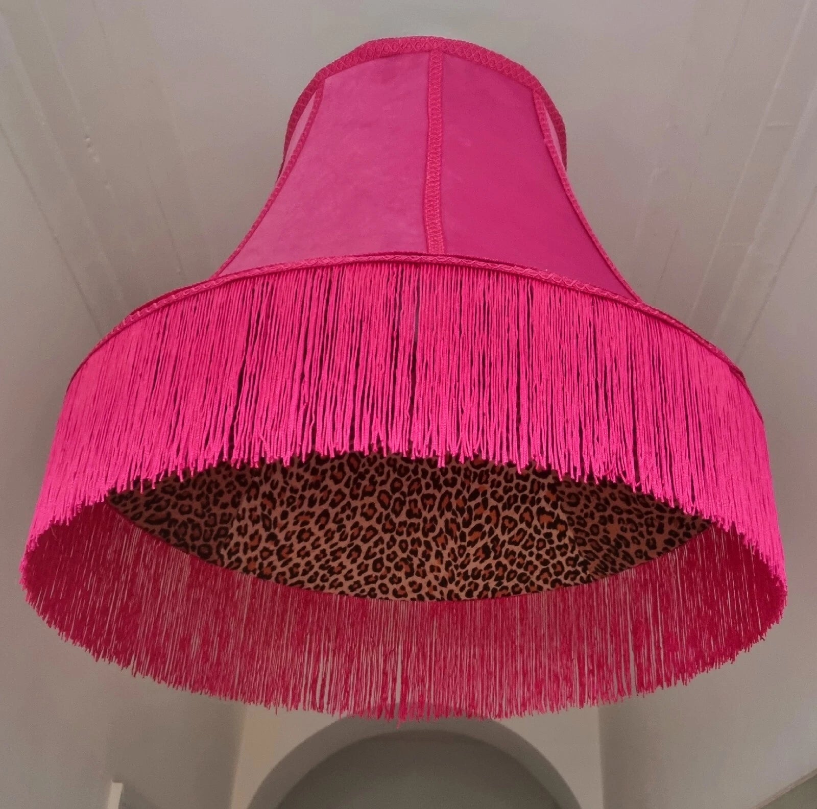 Large Bright Pink Cerise Velvet Lampshade Leopard Lined standard lamp or ceiling