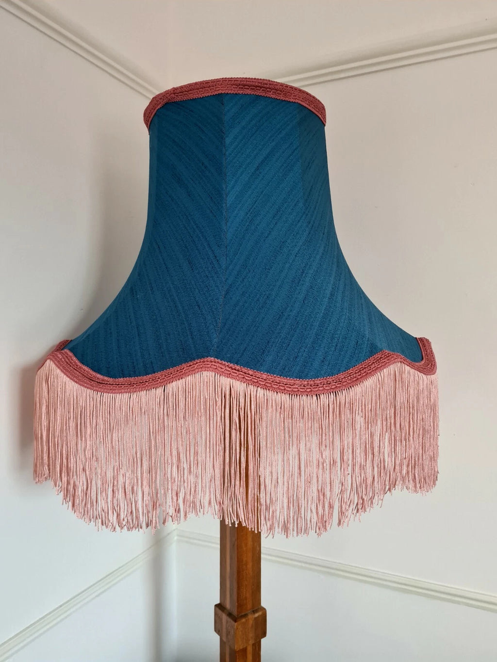 Handmade lampshade blue silk fabric pink fringe standard lamp ceiling pendant