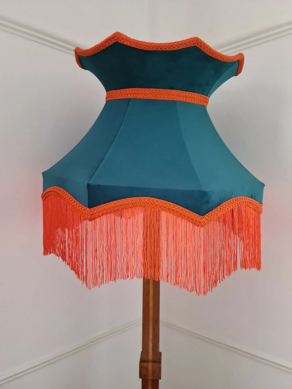 Large handmade teal blue and orange lampshade crown shape standard lamp ceiling