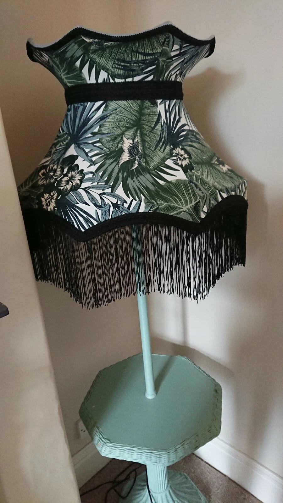 Crown shaped botanical lampshade standard lamp ceiling pendant with black fringe
