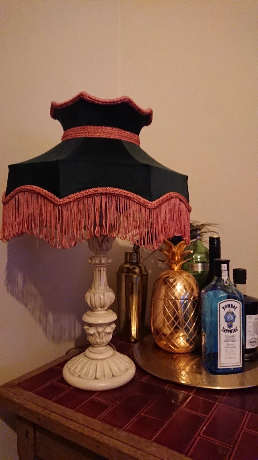Small green velvet handmade lampshade crown shaped for a table lamp or ceiling