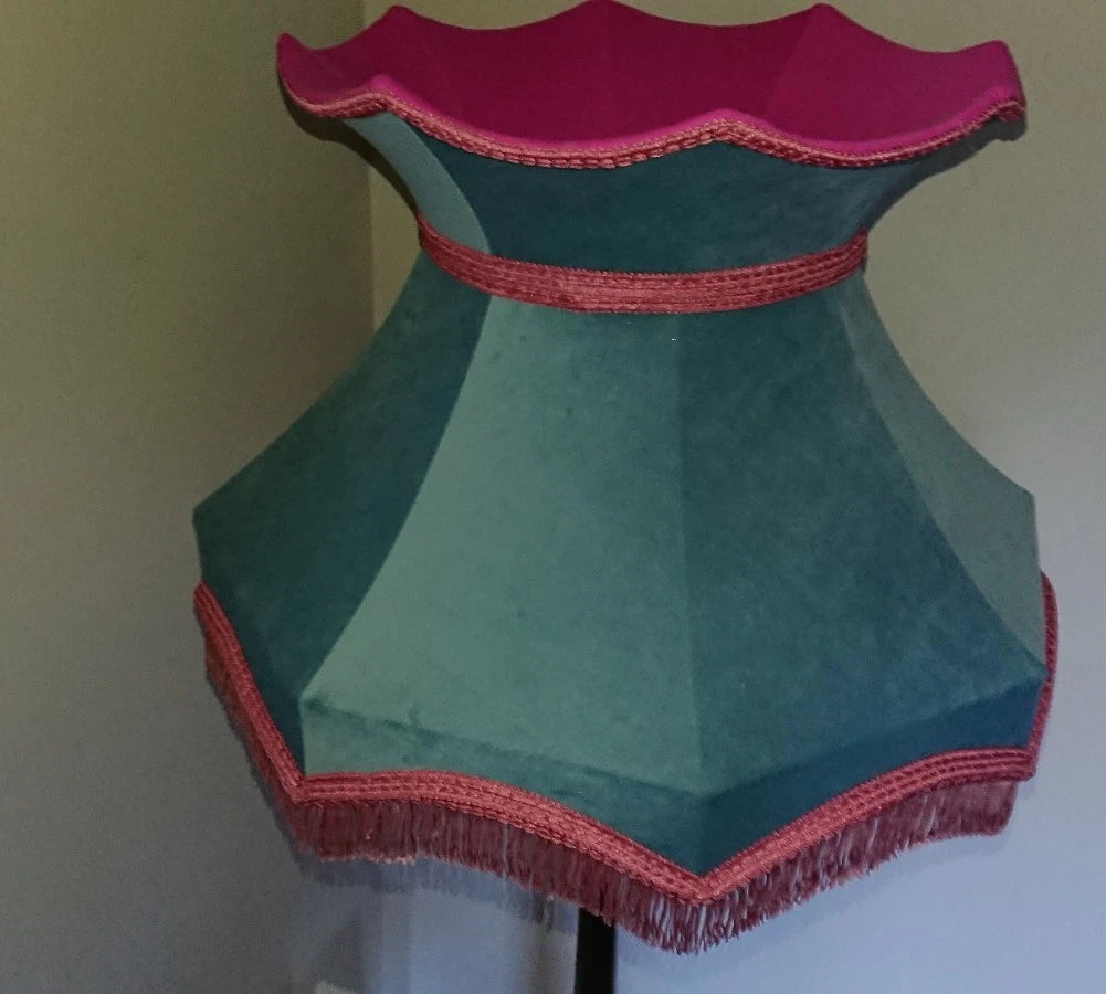 Pale blue velvet lampshade crown shaped lined pink for standard lamp or ceiling