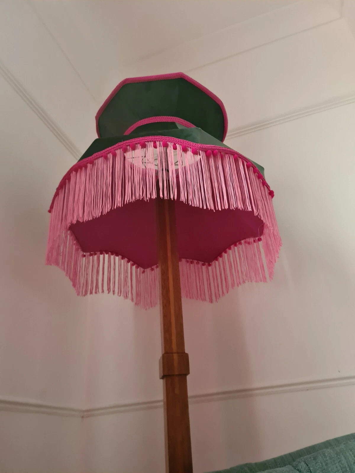 Large green velvet crown lampshade bright pink standard lamp ceiling light lamp