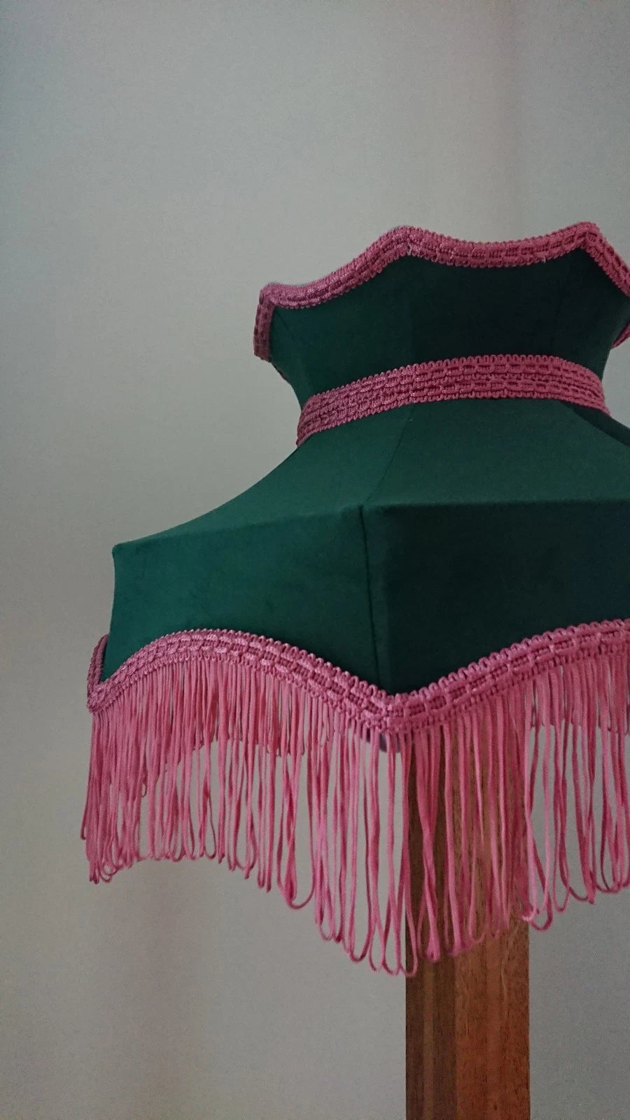 Small green velvet handmade lampshade crown shaped for a table lamp or ceiling