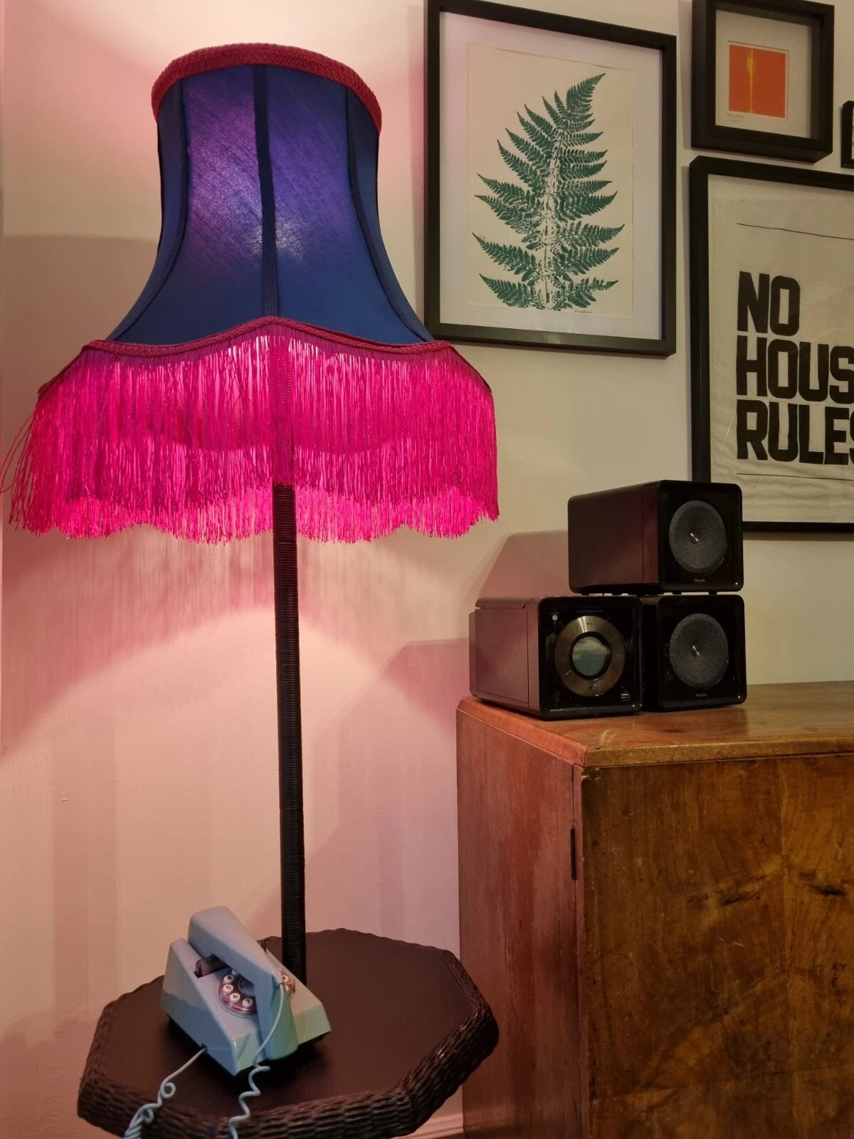 Handmade lampshade navy fabric bright pink fringe  standard lamp or ceiling lamp